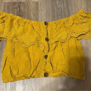 Altar’d State Mustard Off Shoulder Crop Top L Boho Eyelet Ruffle Blouse NWOT